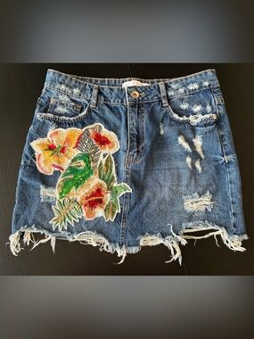 Zara Denim Miniskirt Boho Y2K Floral Sequin Embroidered Distressed